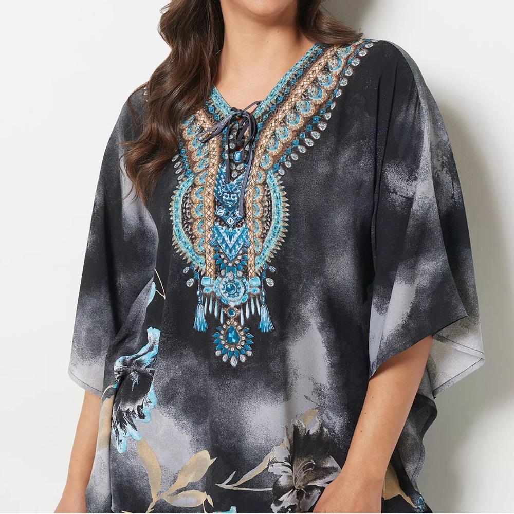 Belle by Kim Gravel Printed V-Neck Lace-Up Poncho ~ Black - Picture 8 of 8